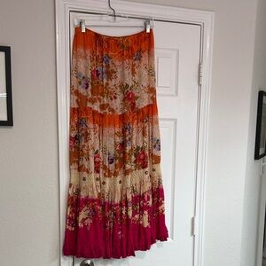 Bohemian Floral Tiered Maxi Skirt in Orange and Fuchsia